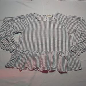 LISTICLE Blouse Women's Medium White Stripe Ruffle Shirt Long Balloon Sleeve Top